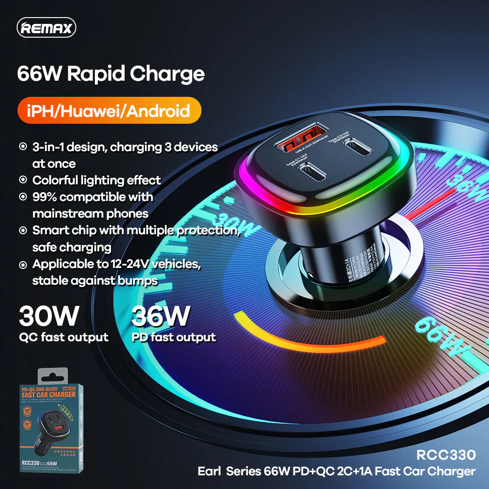 Remax RCC330 Earl Series 66W PD+QC Fast Car Charger Remax RCC330 Earl Series 66W PD+QC Fast Car Charger